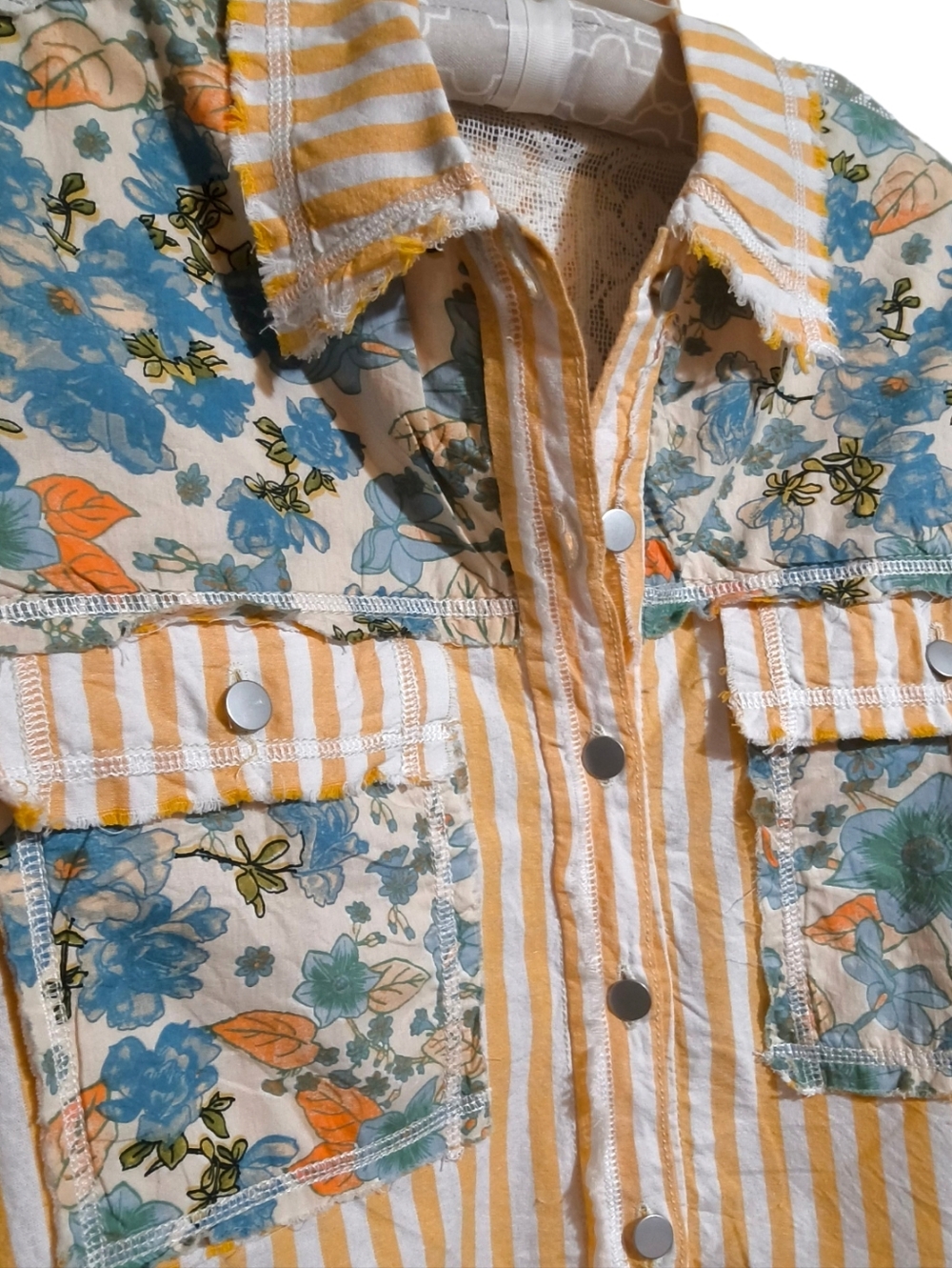 POL Yellow Stripe Blue Floral Boho Cottagecore Patchwork Shacket Top with Lace - Picture 5 of 11